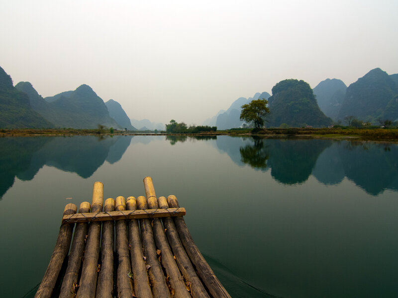 Bamboo Raft on River — Green, Serene, Morning