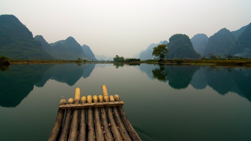 Bamboo Raft on River — Green