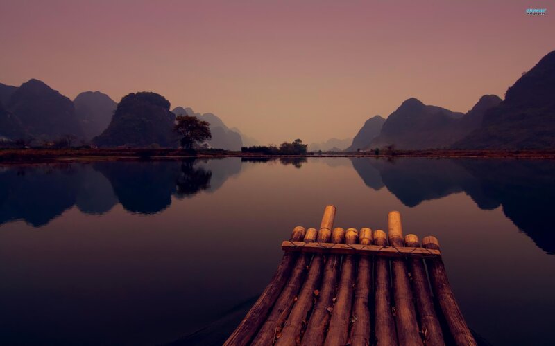 Bamboo Raft on River — Purple, Serene