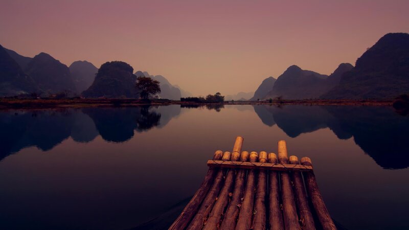 Bamboo Raft on River — Purple