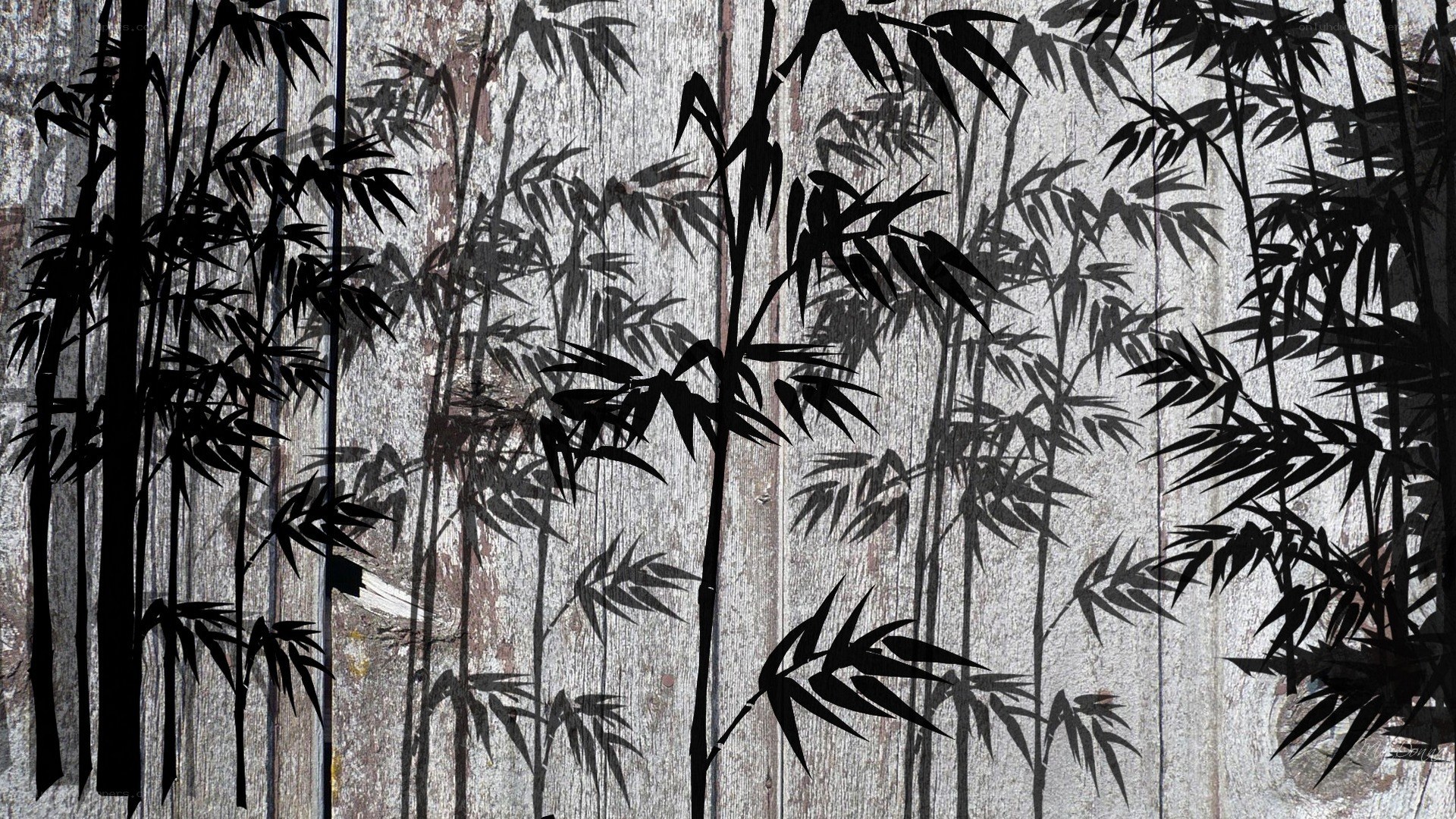 Bamboo silhouettes on wood