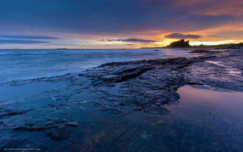Bamburgh Castle at Sunset — Blue, Dramatic, Photograph, Ocean, Rocks