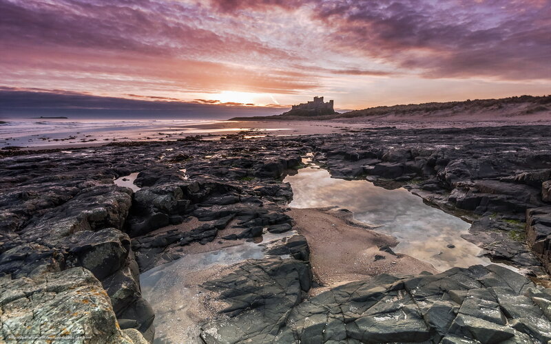 Bamburgh Castle at Sunset — Purple, Dramatic, Photograph, Beach