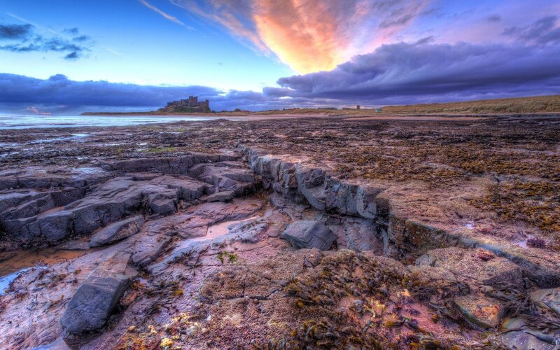 Bamburgh Castle — Blue, Dramatic, Sunset, Photograph, Coastline, Seaweed