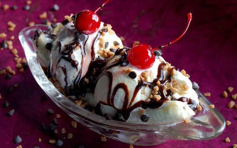Banana Split Dessert — Purple, Indulgent, Photograph, Cherry