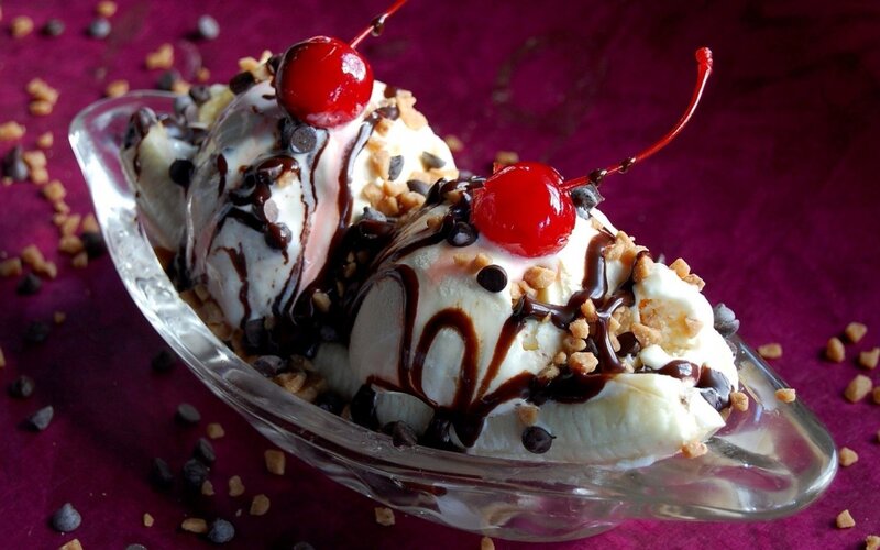 Banana Split Dessert — Purple, Indulgent, Photograph