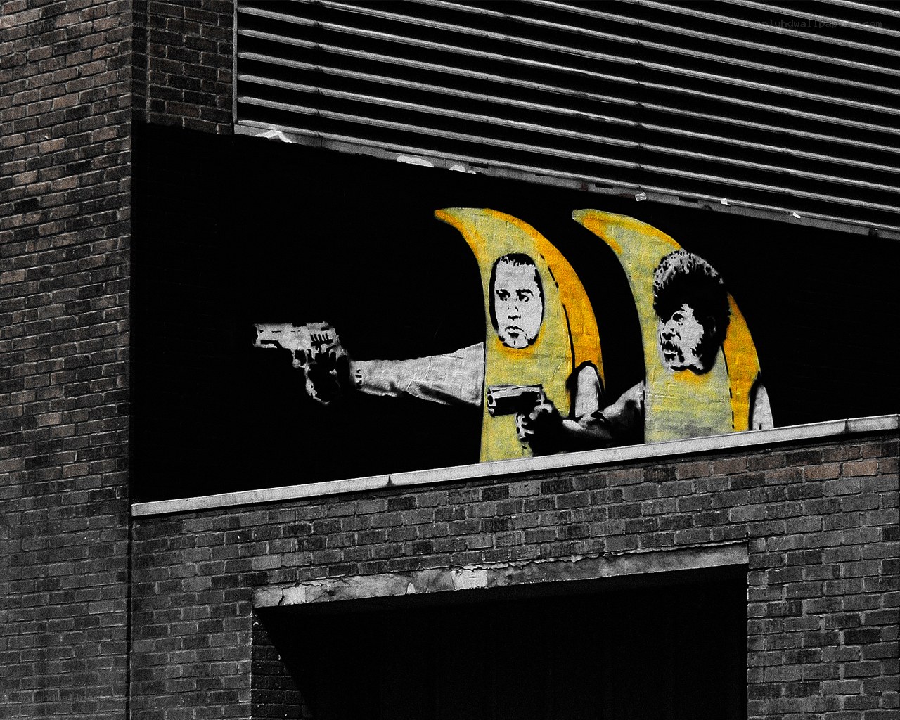 Banana-suited figures with guns