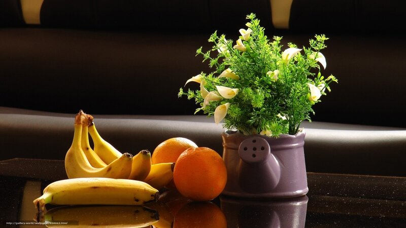 Bananas and Oranges on Table — Yellow