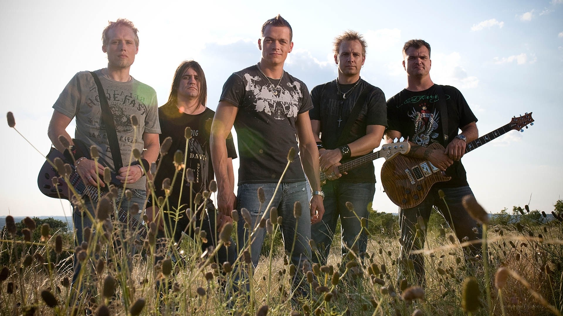 band in a field at sunset