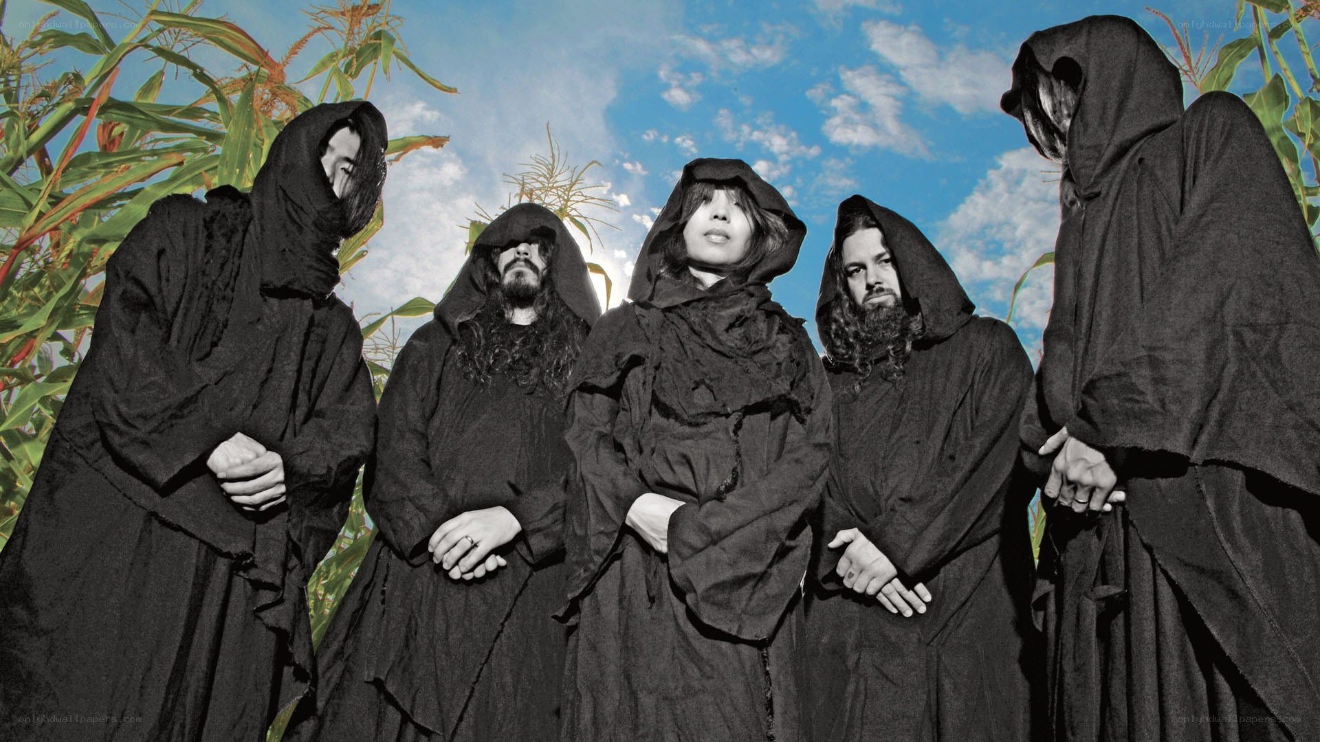 band in black robes in cornfield