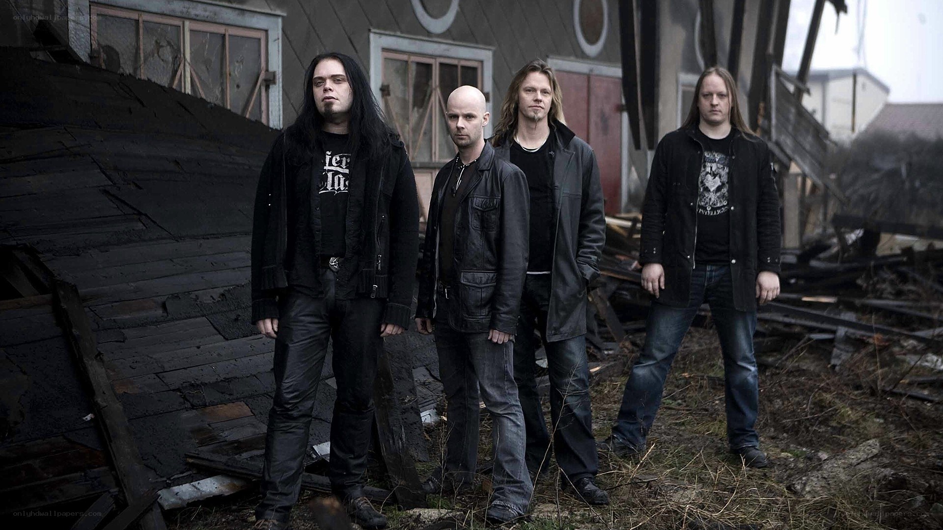 band in front of ruined building