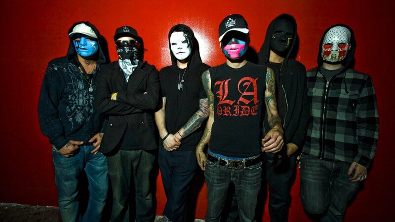 Band Members in Masks — Red, Dramatic