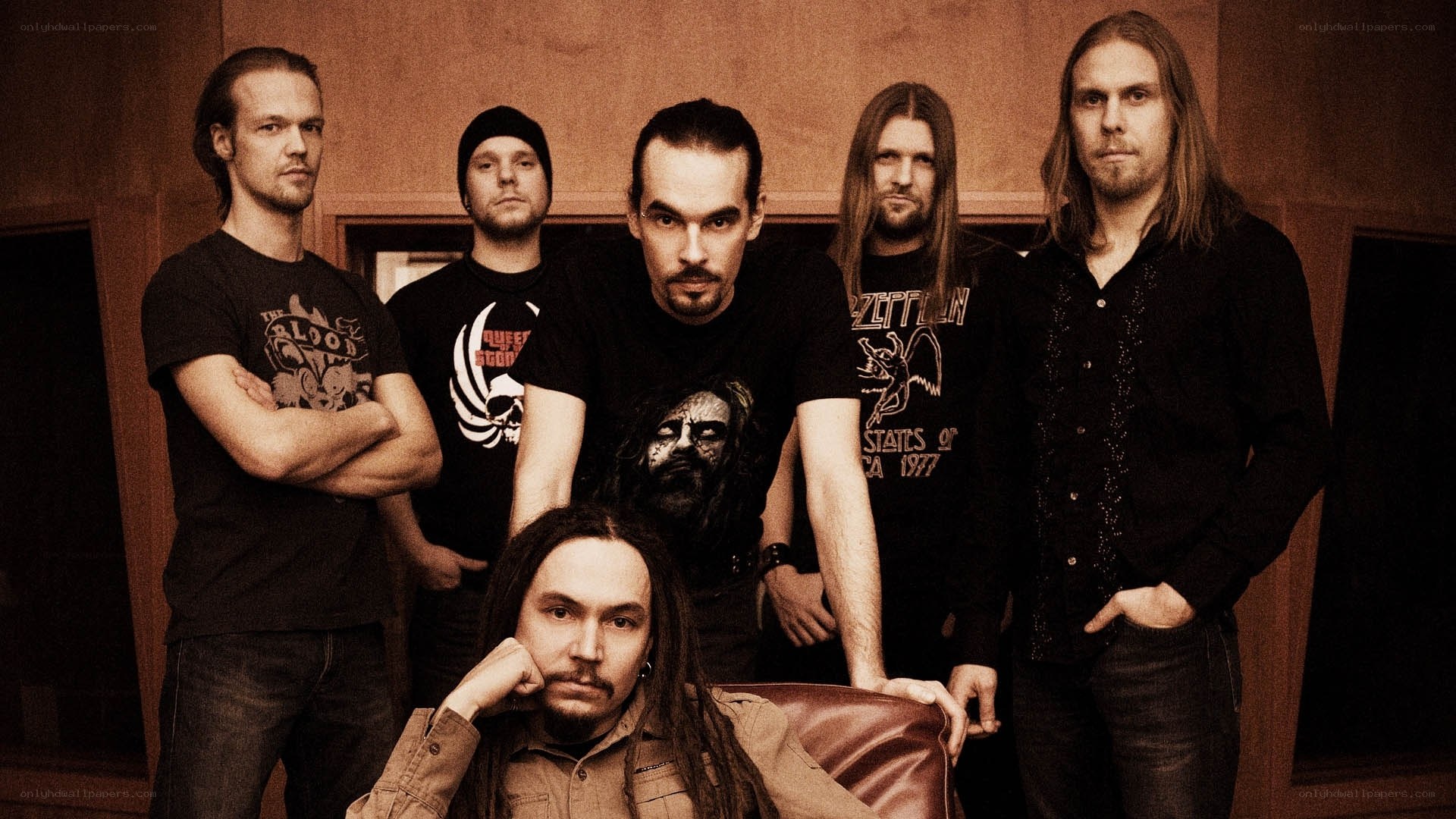 band members in sepia tone