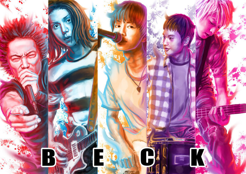 Band members in vibrant art style