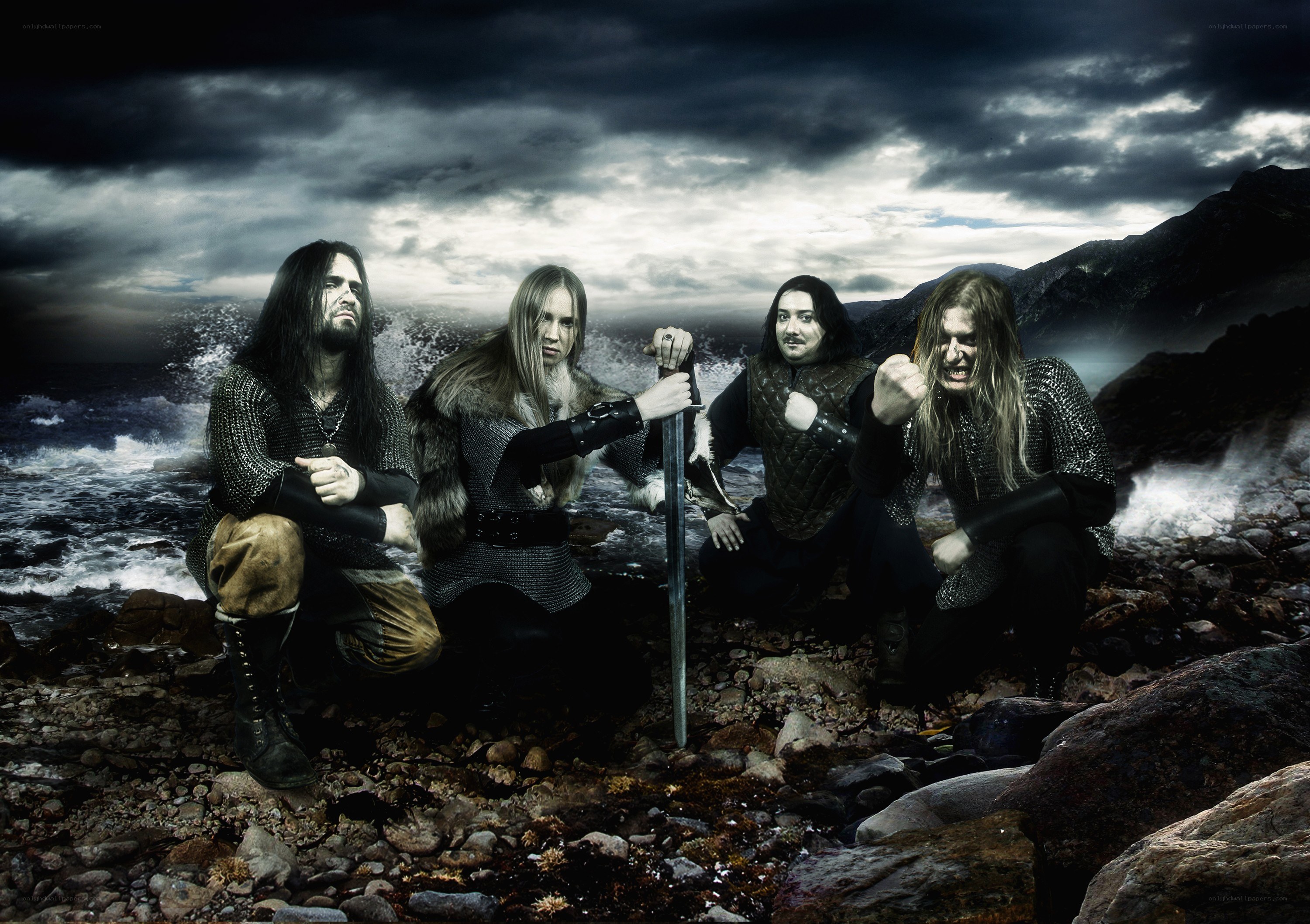 band on rocky shore