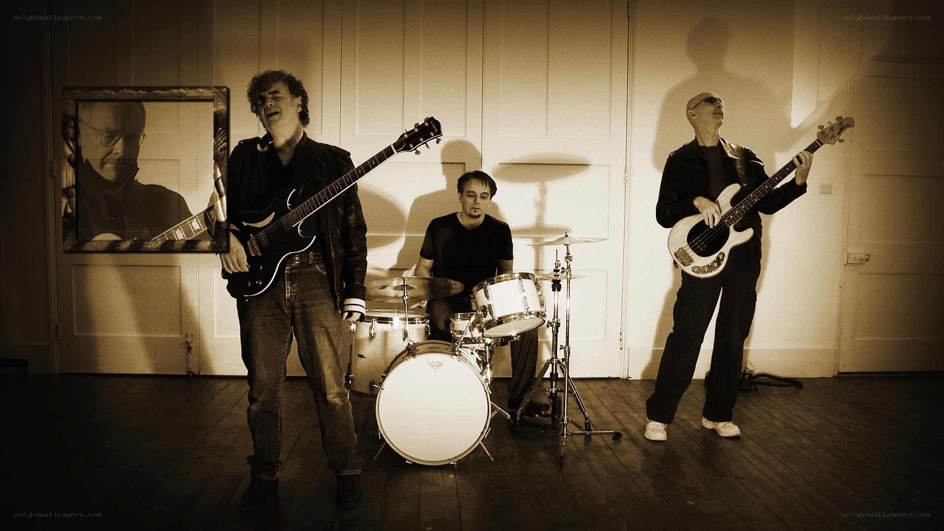 band performing in sepia