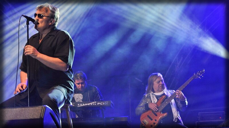 Band Performing on Stage — Blue, Dramatic, Night, Photograph, Microphone, Keyboard