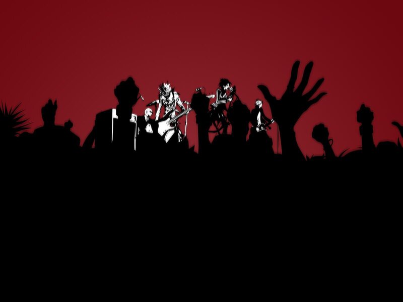 Band Performing on Stage — Red, Dramatic, Manga