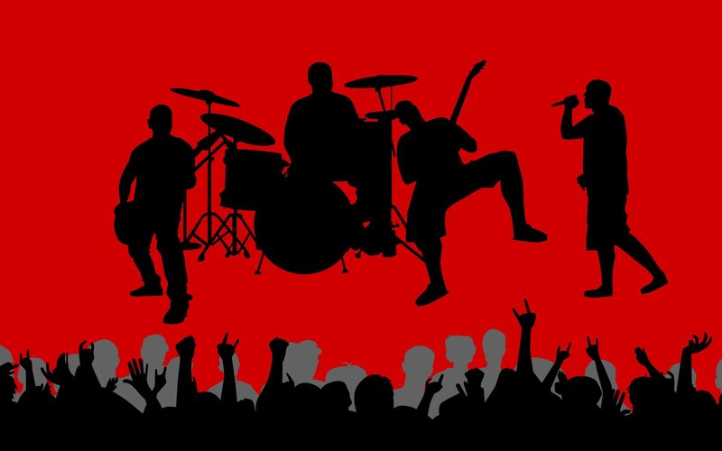 Band Performing on Stage — Red, Energetic, Vector Art, Audience