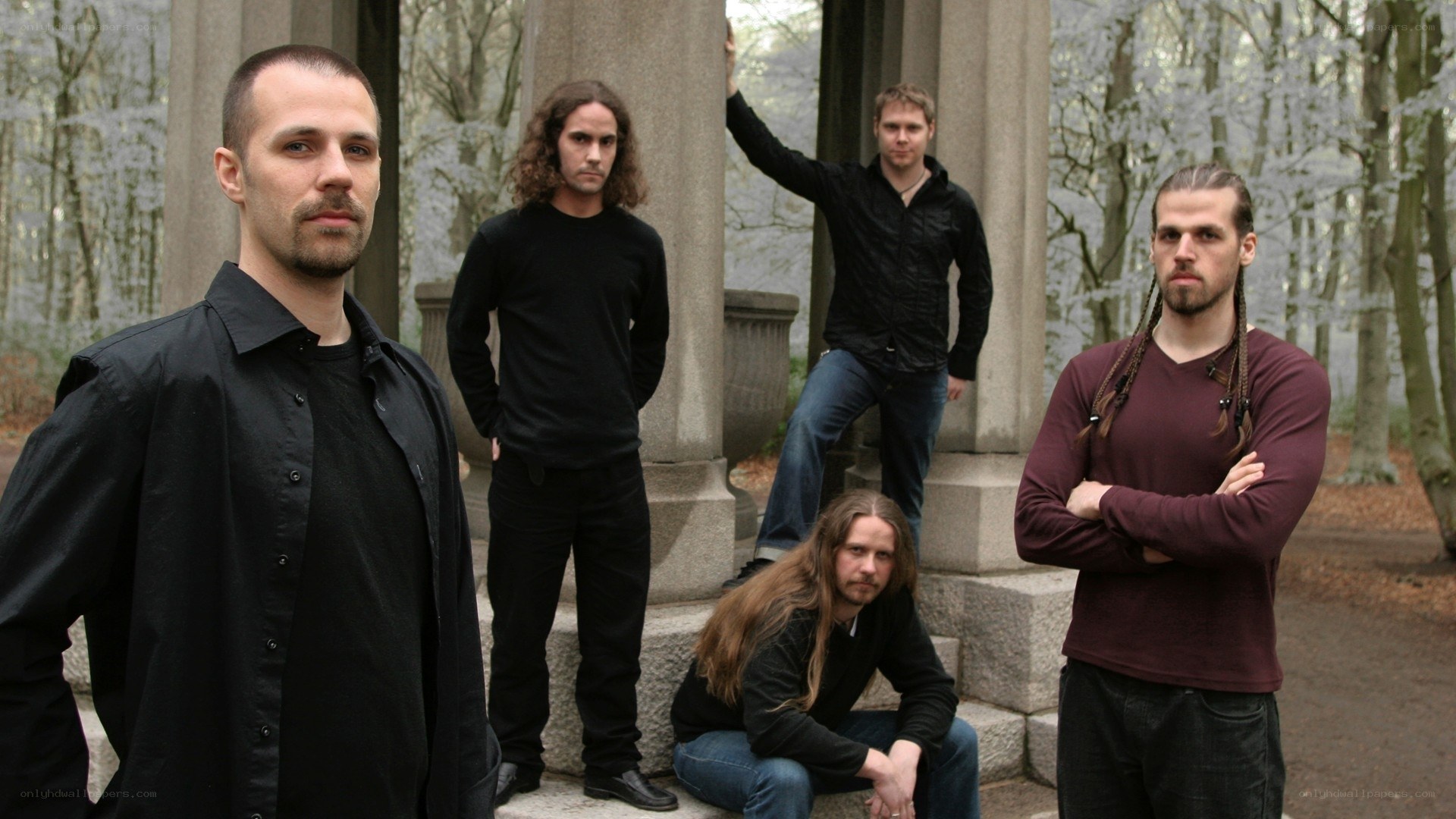 band posing in forest