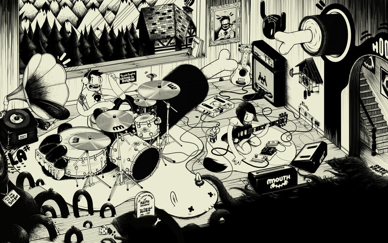 Band practicing in a chaotic room