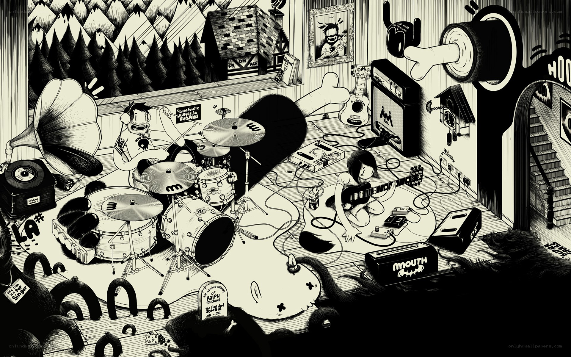 Band practicing in a chaotic room