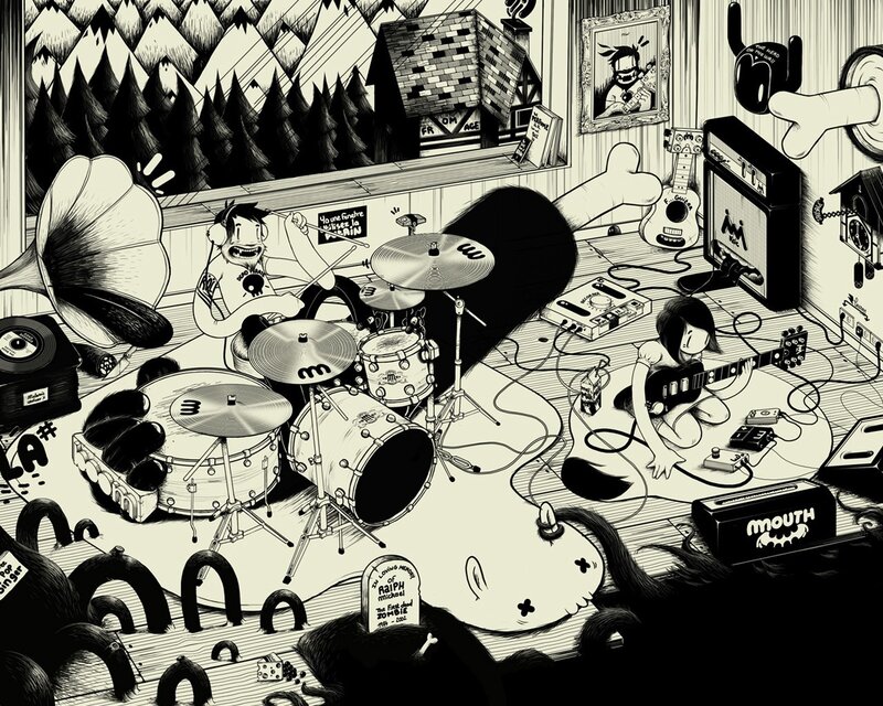 Band practicing in a chaotic room
