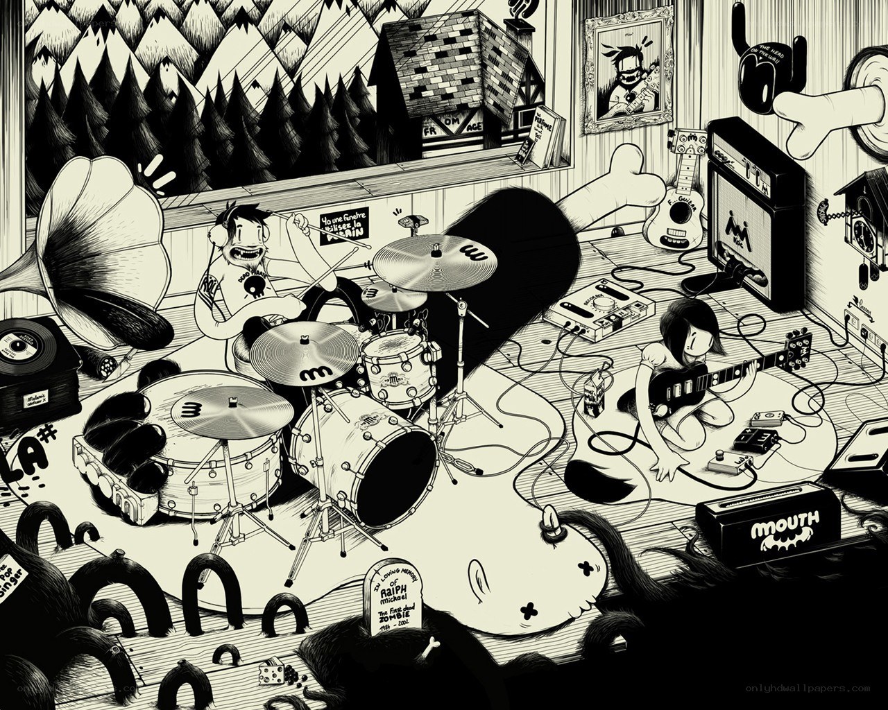 Band practicing in a chaotic room