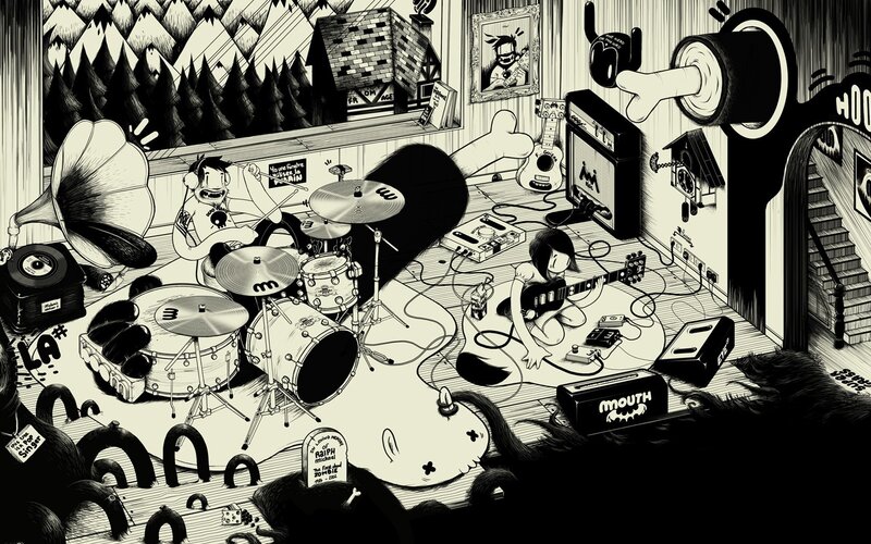 Band practicing in a chaotic room