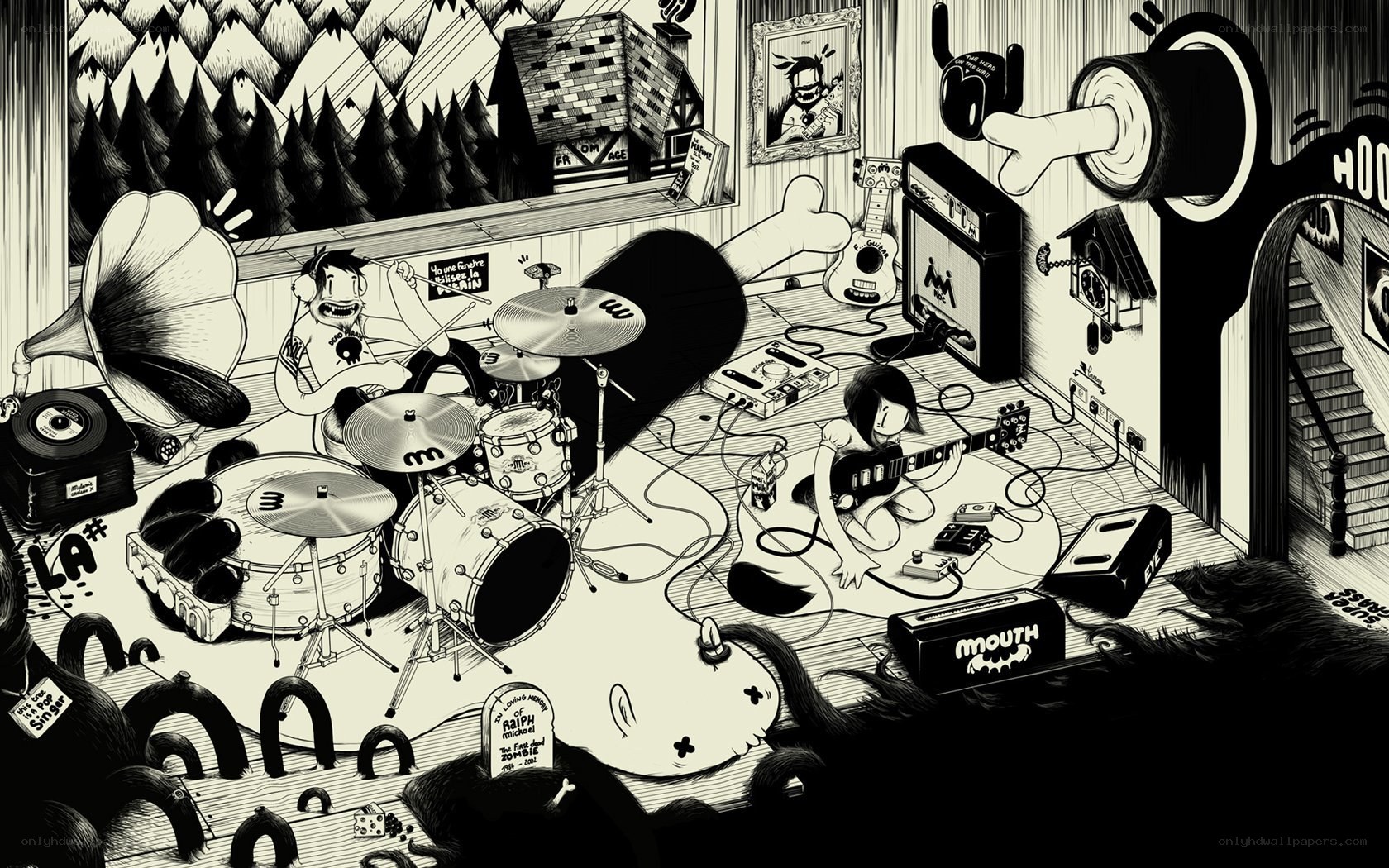 Band practicing in a chaotic room