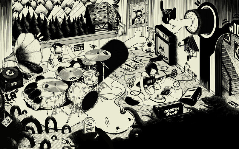 band practicing in a cluttered room
