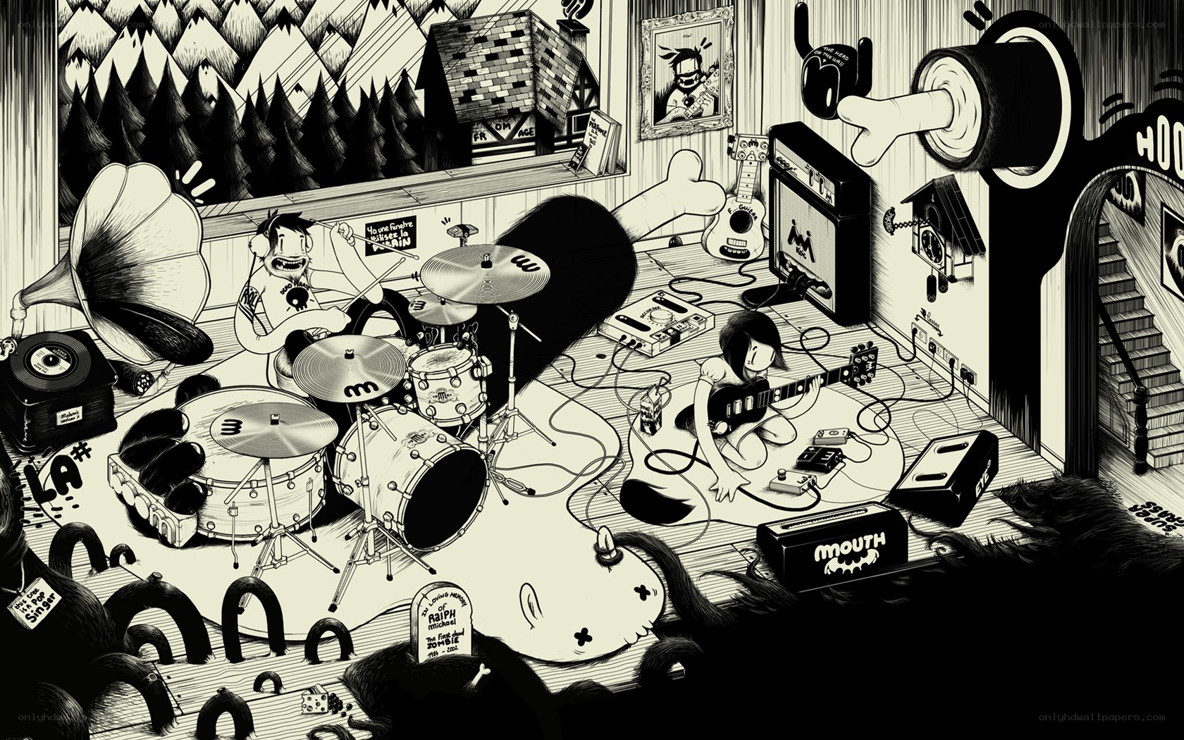 band practicing in a cluttered room
