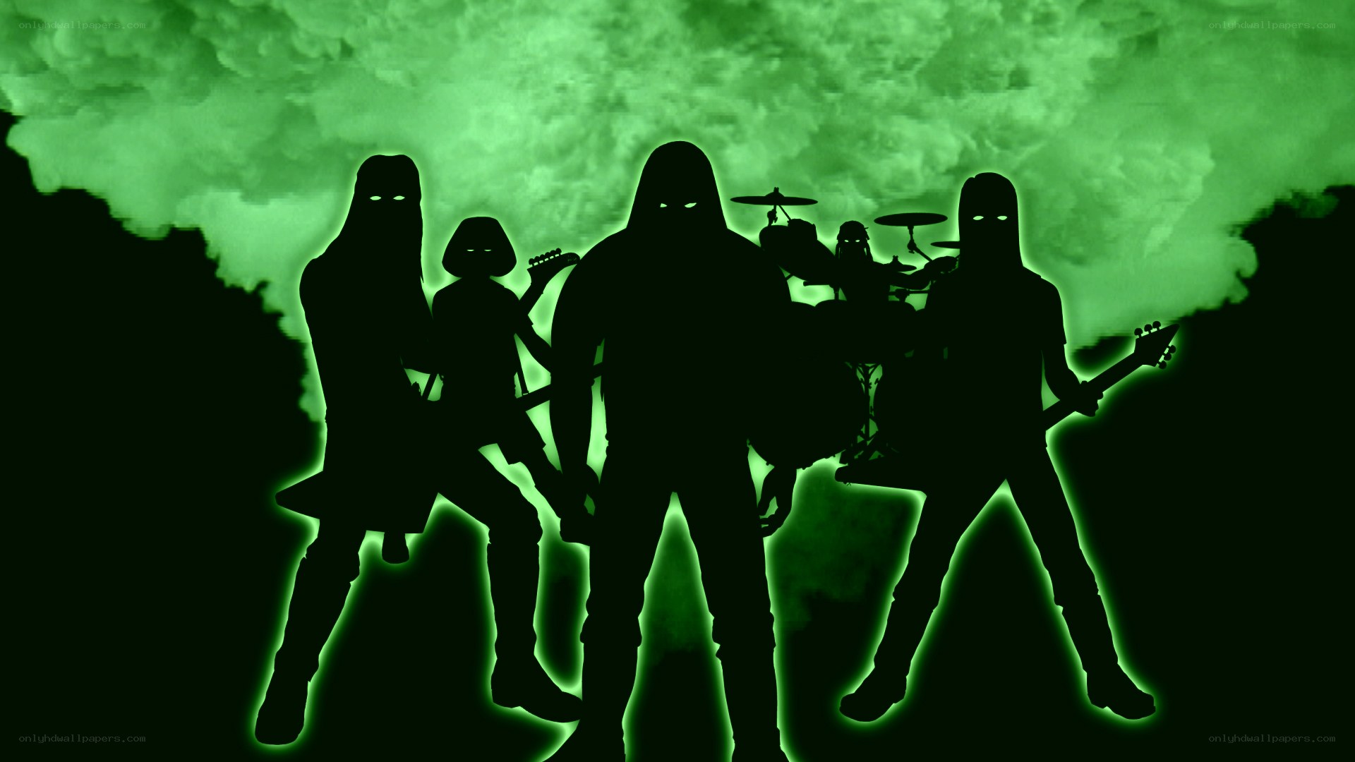 band silhouettes in green smoke