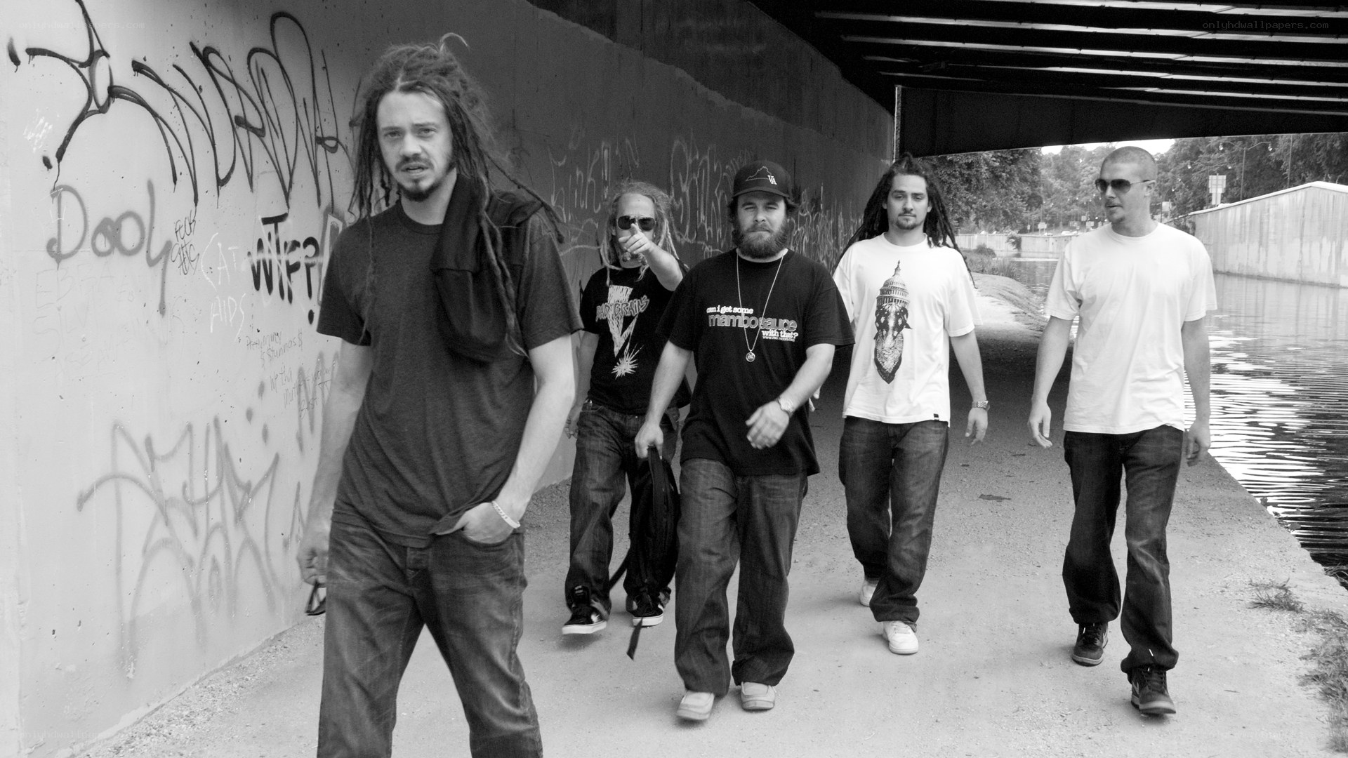 band walking under a bridge
