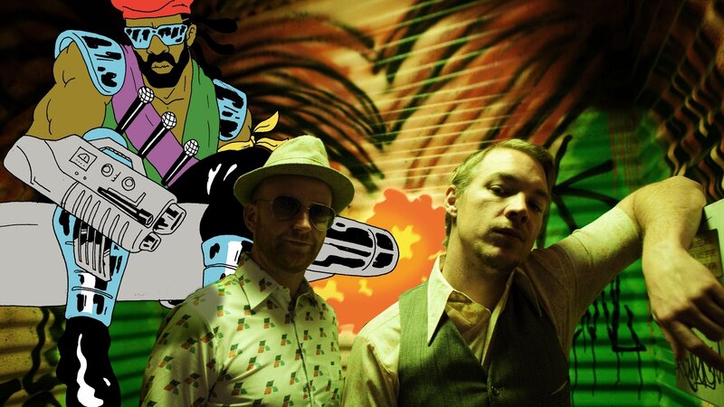band with cartoon character backdrop