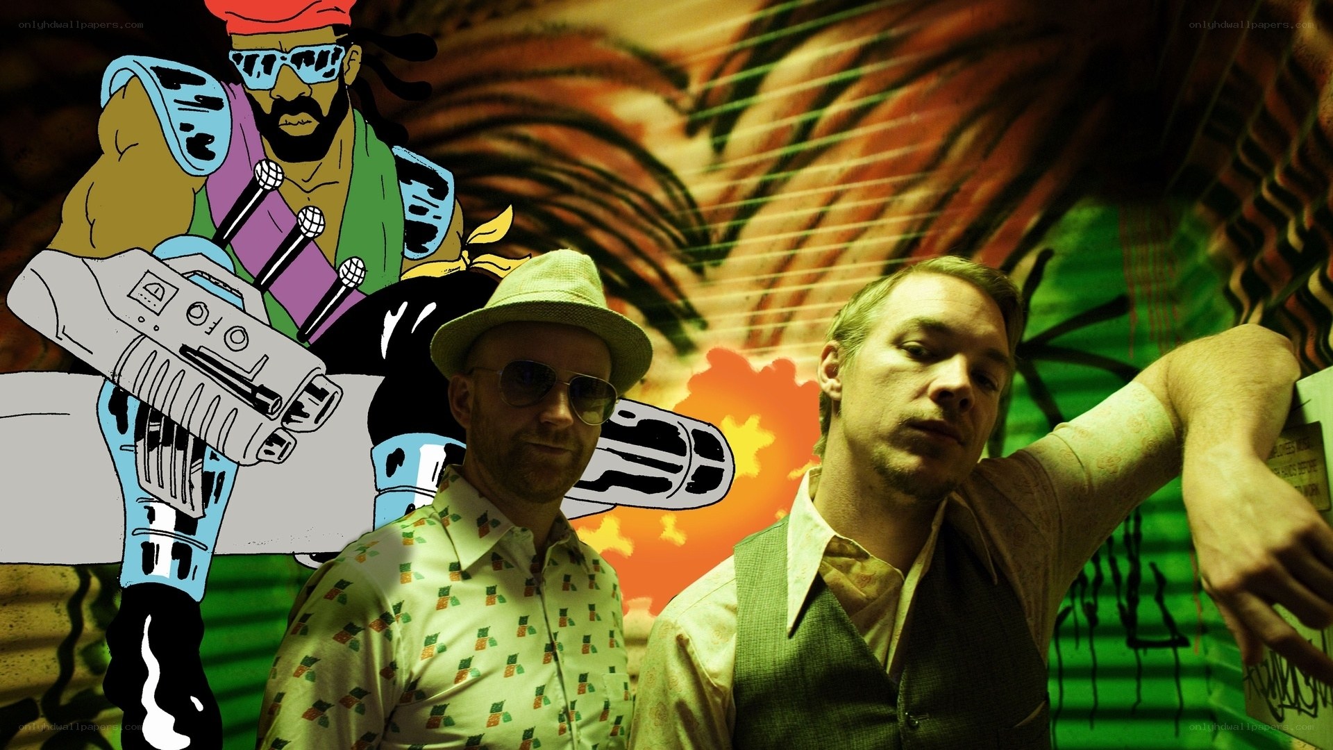 band with cartoon character backdrop