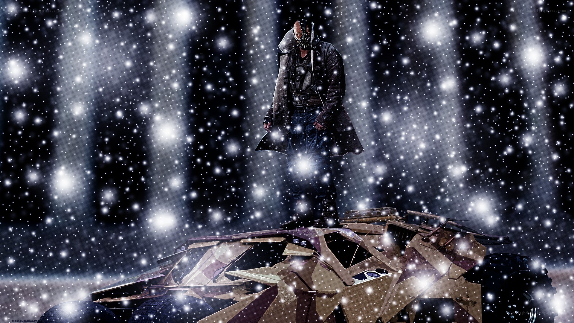 Bane stands over Batmobile in snow