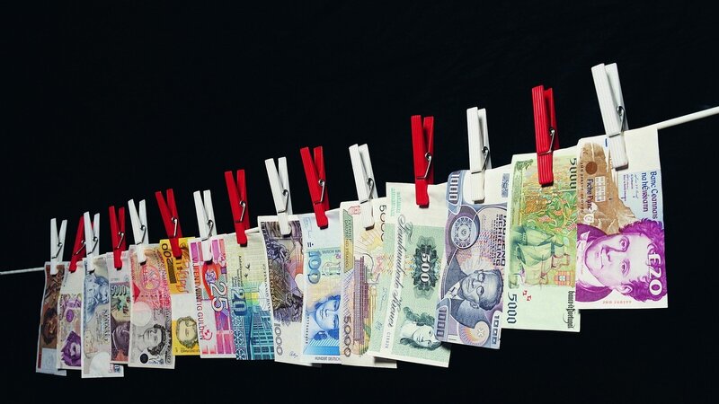 Banknotes on Clothesline — Black, Dramatic, Photograph, Clothespins