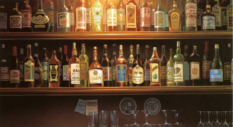 Bar Shelves with Liquor Bottles — Brown