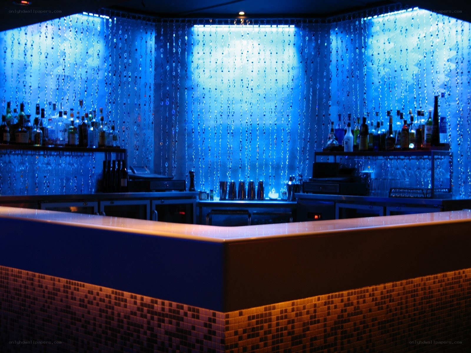 bar with blue light and beads