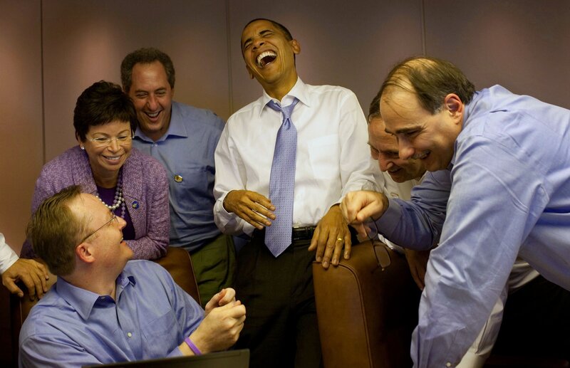 Barack Obama laughing with team