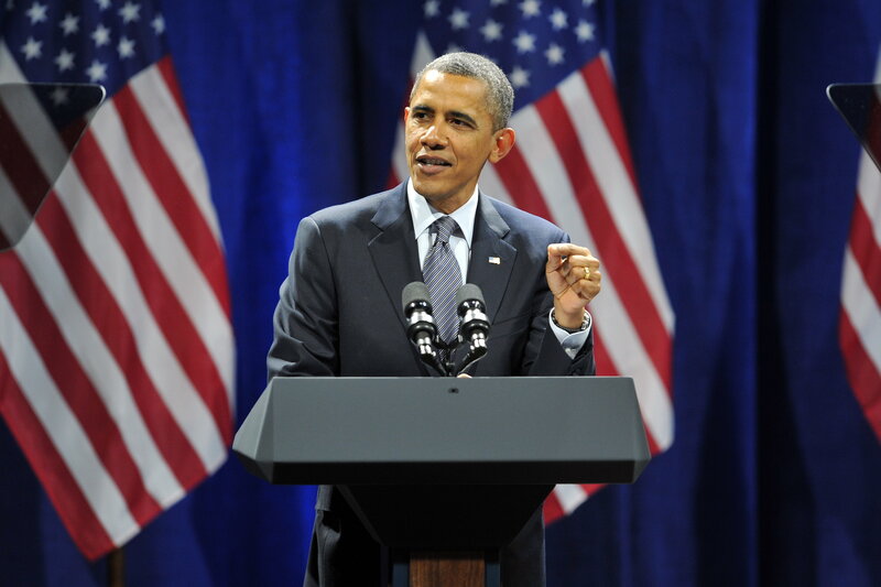 Barack Obama Speaking — Blue, Formal, Photograph, American Flags