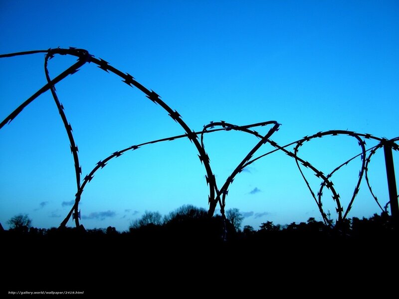 Barbed wire against blue sky