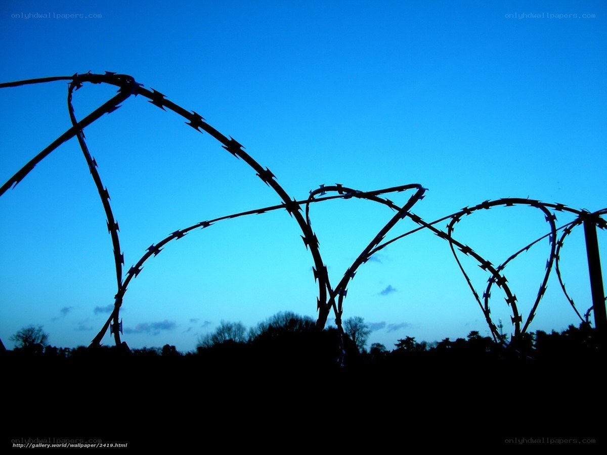Barbed wire against blue sky