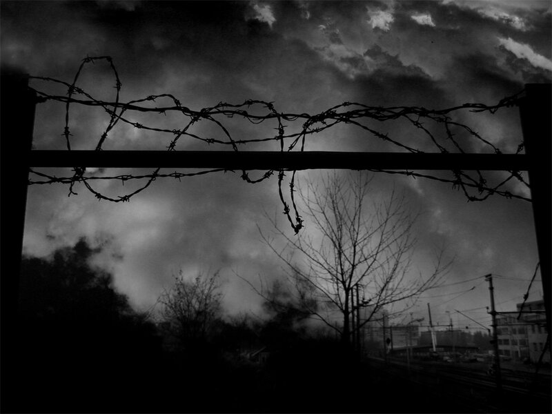 Barbed wire against stormy sky