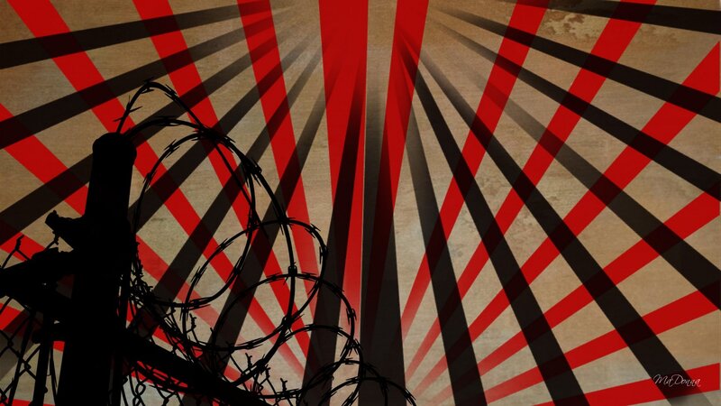 Barbed wire silhouette with red stripes