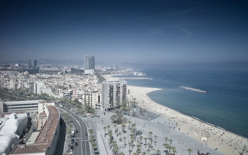 Barcelona Beach and City — Blue