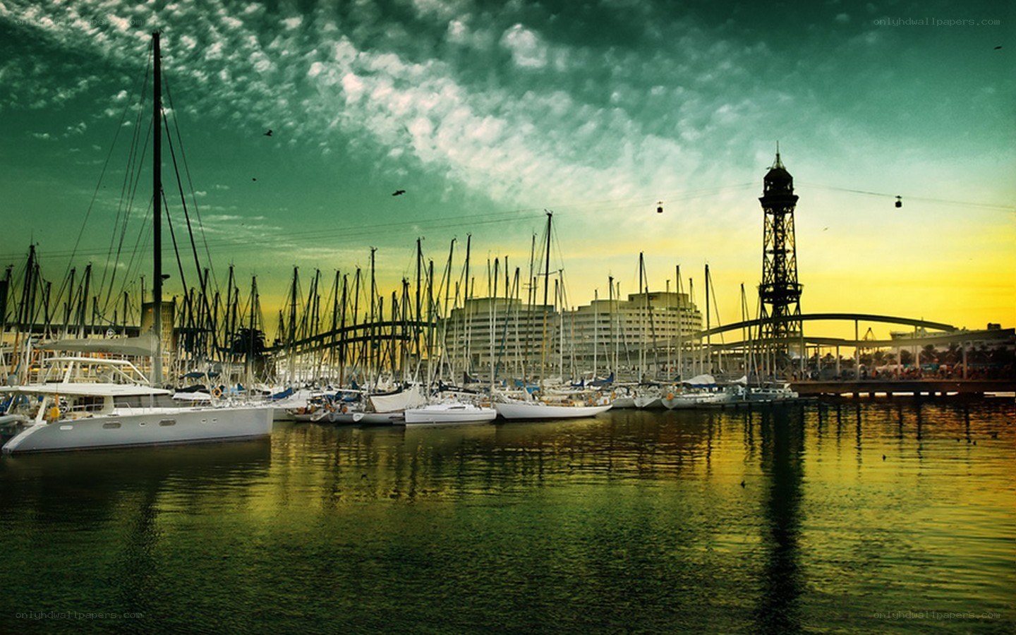 Barcelona harbor at sunset