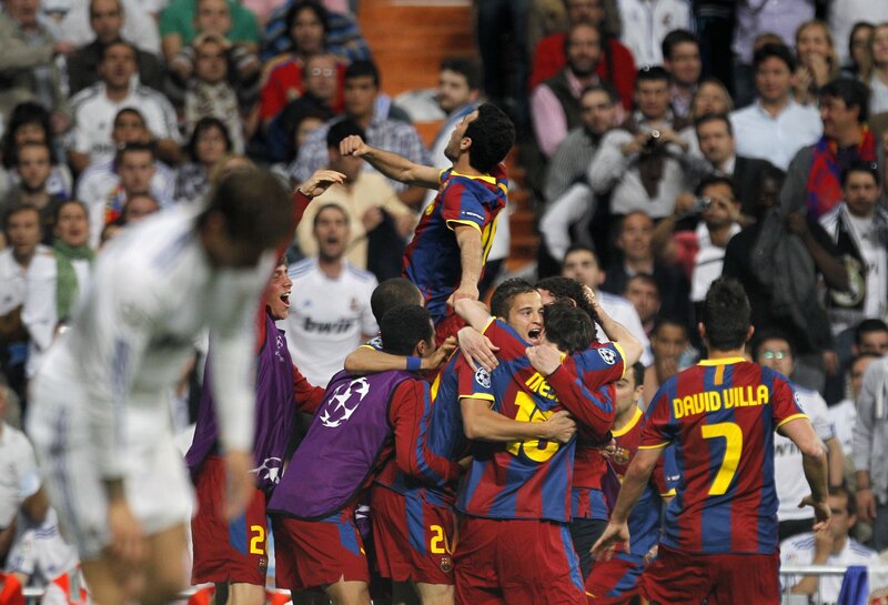 Barcelona players celebrate goal