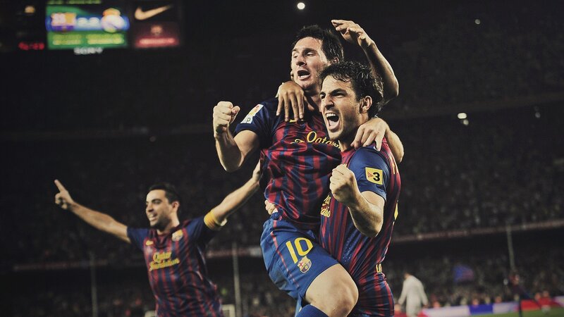 Barcelona players celebrate goal
